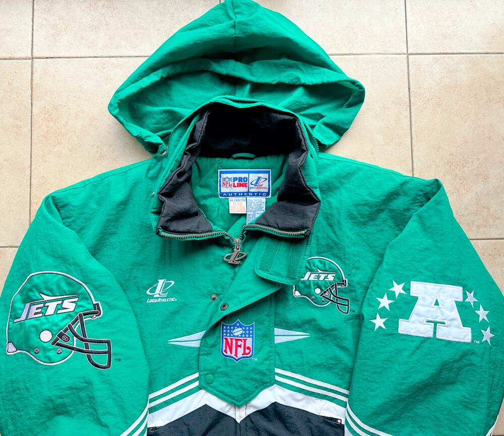 New York Jets 90s LOGO ATHLETIC puffer jacket XL kelly black NFL Pro vintage